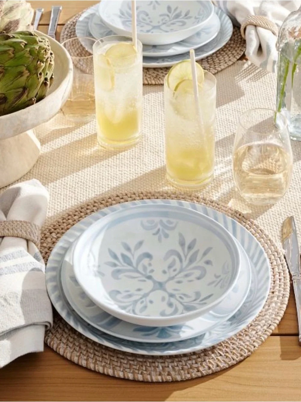 Pottery Barn Cream and Light Blue Striped Cotton Napkins - Set of 4